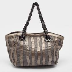 Pre Owned Prada Grey Leather and Nylon Mordore Stripe Tote
