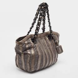 Pre Owned Prada Grey Leather and Nylon Mordore Stripe Tote