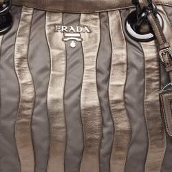 Pre Owned Prada Grey Leather and Nylon Mordore Stripe Tote
