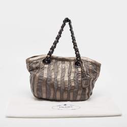 Pre Owned Prada Grey Leather and Nylon Mordore Stripe Tote
