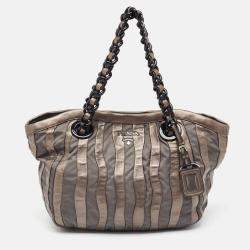 Pre Owned Prada Grey Leather and Nylon Mordore Stripe Tote