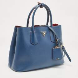 Pre Owned Prada Blue Saffiano Cuir Leather Medium Double Handle Tote