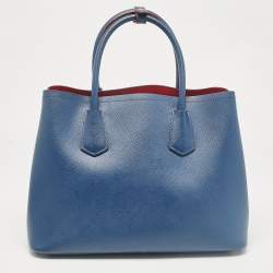 Pre Owned Prada Blue Saffiano Cuir Leather Medium Double Handle Tote