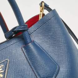 Pre Owned Prada Blue Saffiano Cuir Leather Medium Double Handle Tote