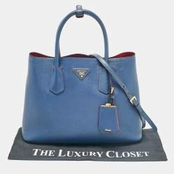 Pre Owned Prada Blue Saffiano Cuir Leather Medium Double Handle Tote