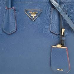 Pre Owned Prada Blue Saffiano Cuir Leather Medium Double Handle Tote