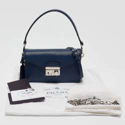 Pre Owned Prada Blue Saffiano Lux Leather Mini Sound Flap Crossbody Bag