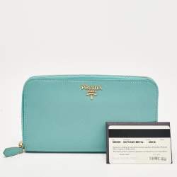 Pre Owned Prada Turquoise Saffiano Metal Leather Zip Continental Wallet