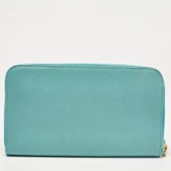 Pre Owned Prada Turquoise Saffiano Metal Leather Zip Continental Wallet