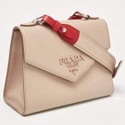 Pre Owned Prada Beige/Red Saffiano Cuir Leather Monochrome Shoulder Bag