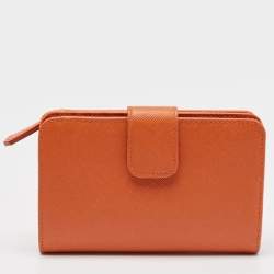 Pre Owned Prada Orange Saffiano Metal Leather French Wallet
