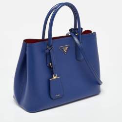 Pre Owned Prada Blue Saffiano Cuir Leather Medium Double Handle Tote