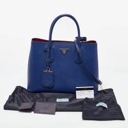 Pre Owned Prada Blue Saffiano Cuir Leather Medium Double Handle Tote