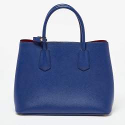 Pre Owned Prada Blue Saffiano Cuir Leather Medium Double Handle Tote