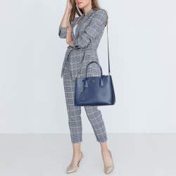 Pre Owned Prada Blue Saffiano Cuir Leather Medium Double Handle Tote