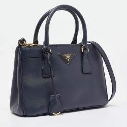 Pre Owned Prada Navy Blue Saffiano Lux Leather Small Double Zip Tote