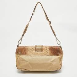 Pre Owned Prada Beige Nylon & Python Double Pocket Shoulder Bag
