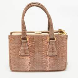 Pre Owned Prada Salmon Karung Leather Frame Zip Tote