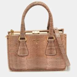 Pre Owned Prada Salmon Karung Leather Frame Zip Tote