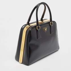 Prada Black Patent Leather Pyramid Frame Top Handle Bag