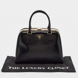 Prada Black Patent Leather Pyramid Frame Top Handle Bag