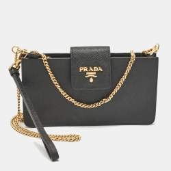 Pre Owned Prada Black Saffiano Leather Phone Crossbody Bag