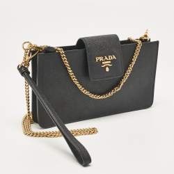 Pre Owned Prada Black Saffiano Leather Phone Crossbody Bag