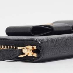 Pre Owned Prada Black Saffiano Metal Leather Bow Continental Wallet