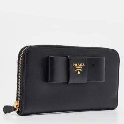 Pre Owned Prada Black Saffiano Metal Leather Bow Continental Wallet