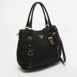 Pre Owned Prada Black Tessuto Nylon and Leather Buckle Tote