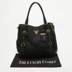 Pre Owned Prada Black Tessuto Nylon and Leather Buckle Tote