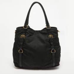 Pre Owned Prada Black Tessuto Nylon and Leather Buckle Tote