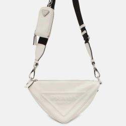 Prada White Leather Logo Embossed Triangle Shoulder Bag