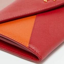 Prada Red/Orange Saffiano Leather Envelope Flap Continental Wallet