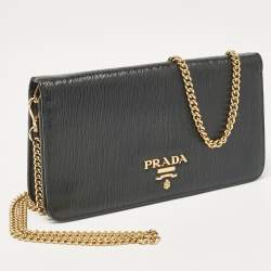 Pre Owned Prada Black Leather Logo Wallet On Chain