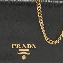 Pre Owned Prada Black Leather Logo Wallet On Chain