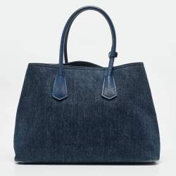 Pre Owned Prada Blue Denim and Saffiano Leather Large Double Handle Tote