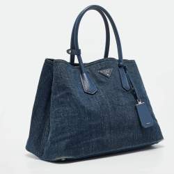Pre Owned Prada Blue Denim and Saffiano Leather Large Double Handle Tote