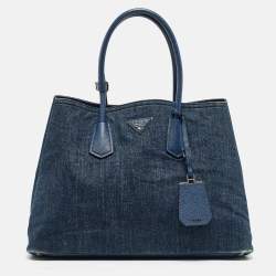 Pre Owned Prada Blue Denim and Saffiano Leather Large Double Handle Tote