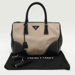 Prada Beige Canvas and Leather City Stitch Double Zip Tote