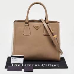 Pre Owned Prada Beige/White Saffiano Lux Leather Open Tote