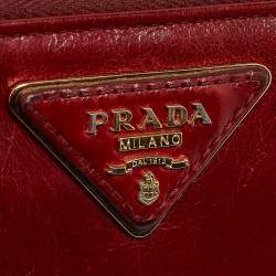 Prada Red Vitelo Shine Leather Logo Zip Continental Wallet