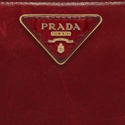 Prada Red Vitelo Shine Leather Logo Zip Continental Wallet