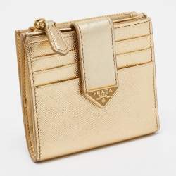 Prada Gold Saffiano Metal Leather Flap Zip Card Case