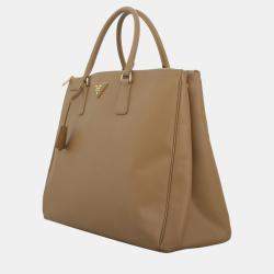 Pre Owned Prada Light brown Saffiano Leather Large Double Zip Tote Bag