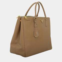 Pre Owned Prada Light brown Saffiano Leather Large Double Zip Tote Bag