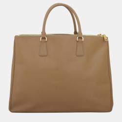 Pre Owned Prada Light brown Saffiano Leather Large Double Zip Tote Bag