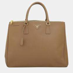 Pre Owned Prada Light brown Saffiano Leather Large Double Zip Tote Bag