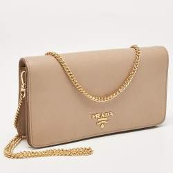 Pre Owned Prada Beige Saffiano Leather Flap Wallet On Chain