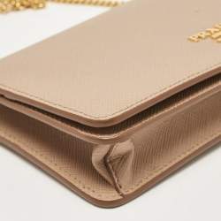 Pre Owned Prada Beige Saffiano Leather Flap Wallet On Chain